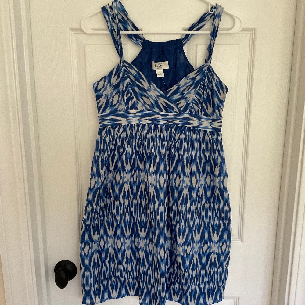 NWT Ann Taylor Loft Blue & White Ikat Print Silk & Cotton Sun Dress 0p 0 Petite